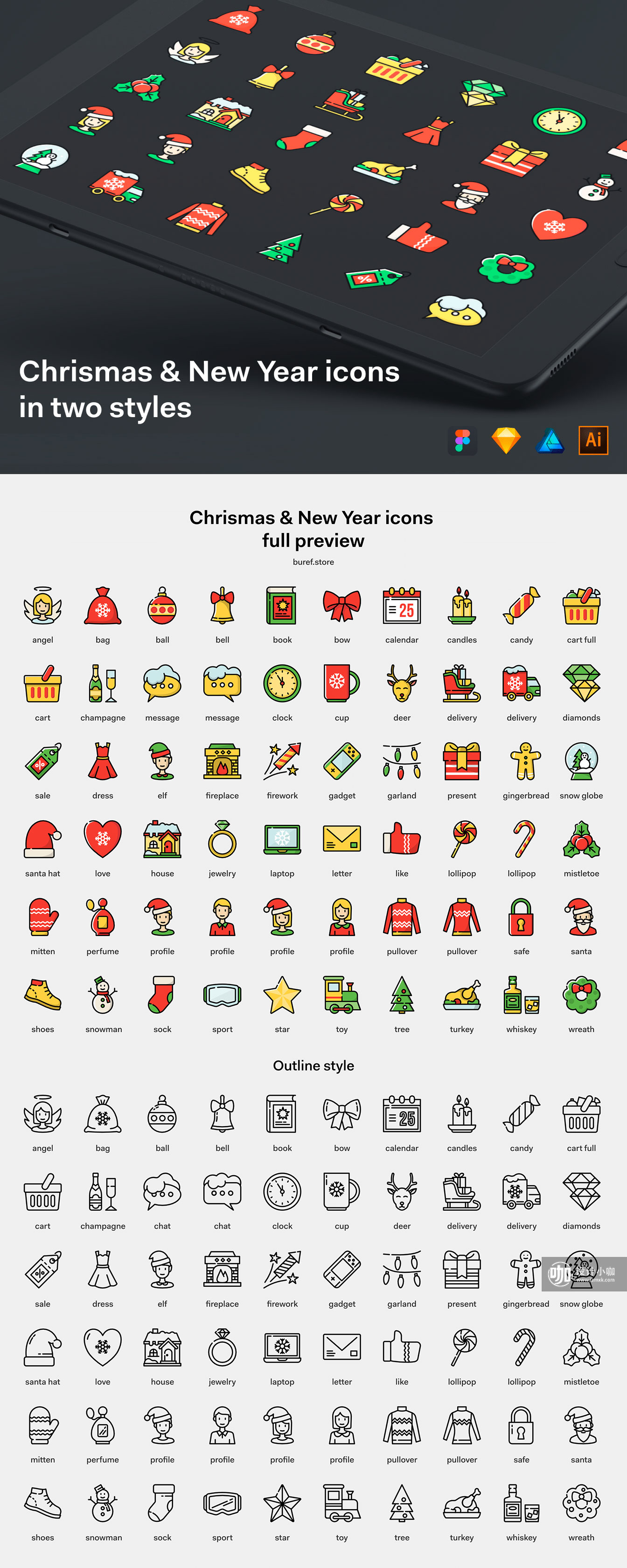 一流设计素材网下午茶：年度绘制最精细的创意圣诞图标下载[Ai,Sketch]