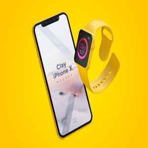 Apple Watch＆iPhone X组合UI设计演示样机模板 Clay Apple Watch and iPhone X Mockup