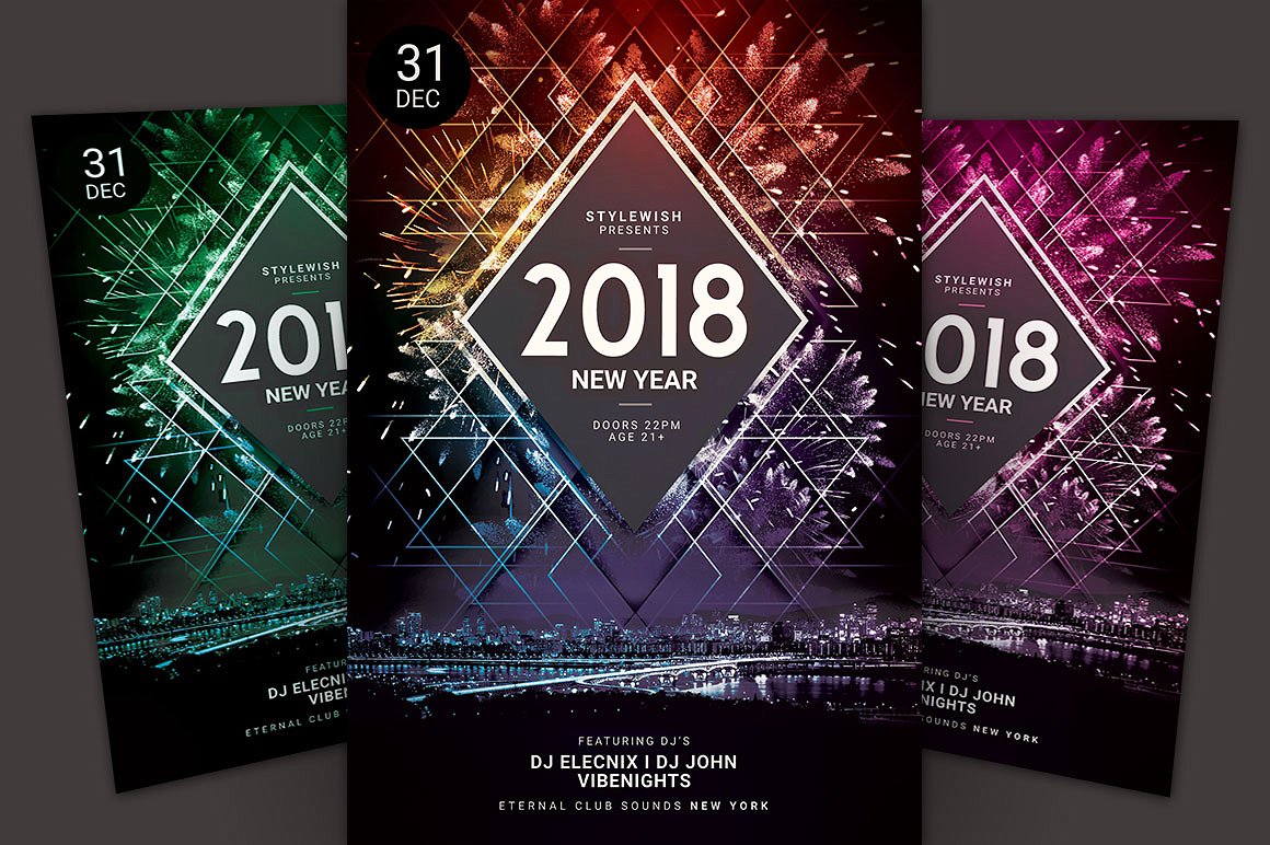 跨年倒计时烟花表演活动海报传单设计模板 New Year Flyer Template
