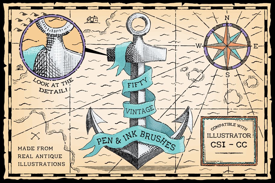 复古圆珠笔&钢笔笔画AI笔刷 Vintage Pen and Ink Brushes