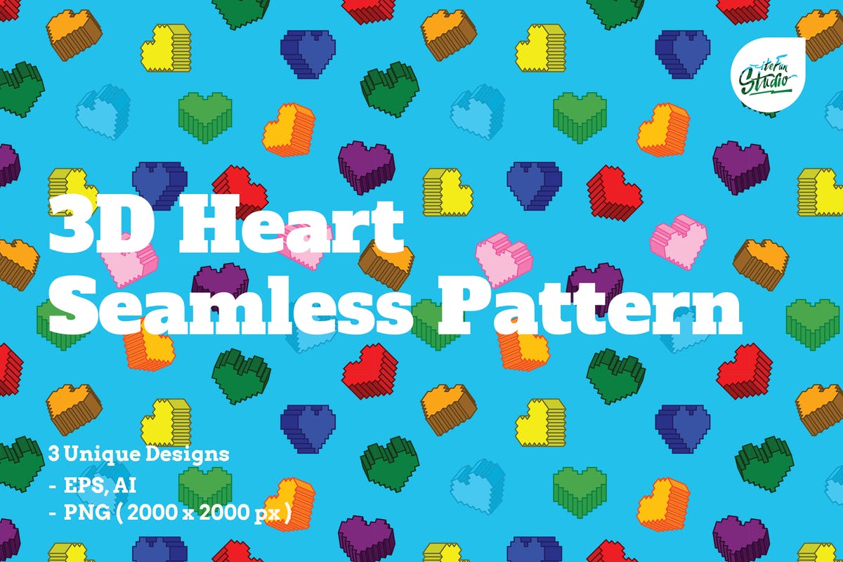 复古数码风格3D心形图形无缝图案纹理 3D Heart Seamless Patterns