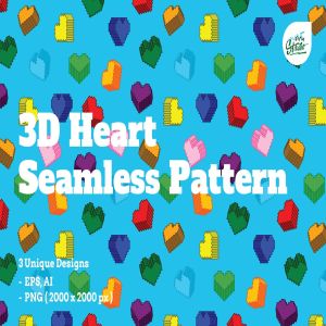 复古数码风格3D心形图形无缝图案纹理 3D Heart Seamless Patterns