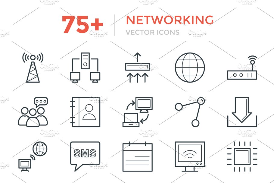 75+网络及网络设备矢量图标  75+ Networking Vector Icons
