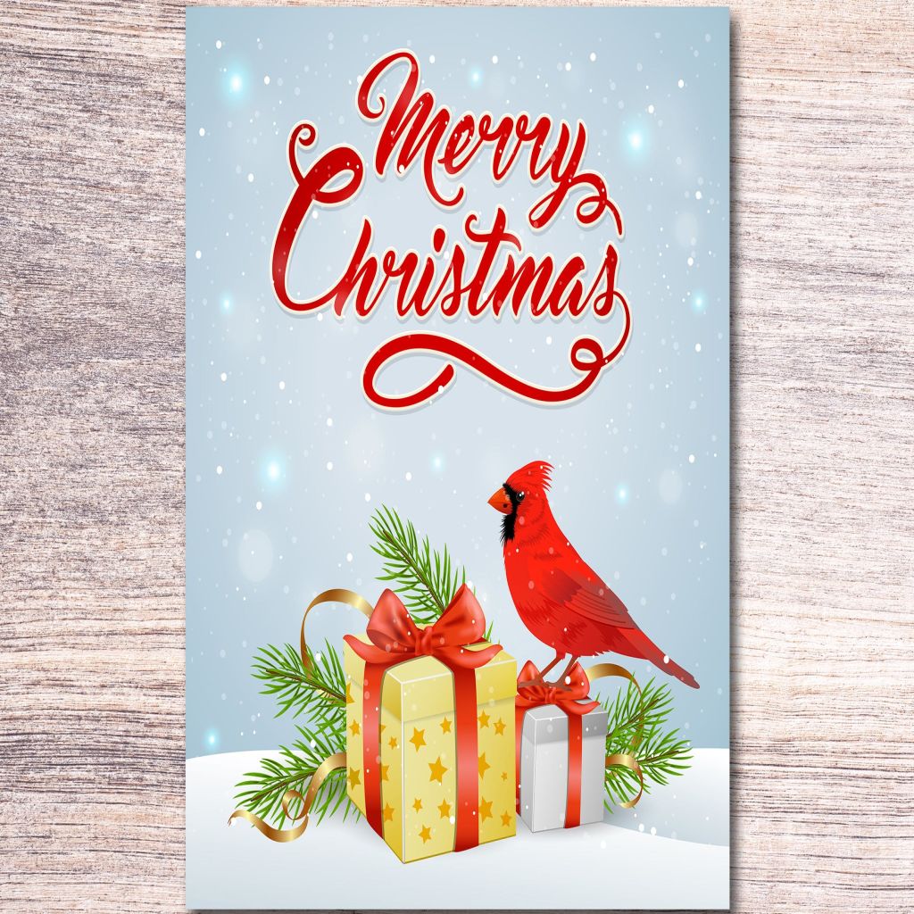 礼物&红雀矢量手绘圣诞节贺卡设计模板 Christmas Gift and Cardinal Bird插图