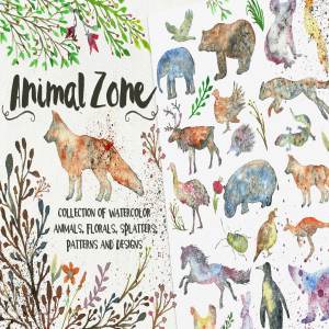 极力推荐：动物水彩剪贴画、纹理、Logo模板等合集 Animal Zone Watercolor collection[1.48GB]插图1