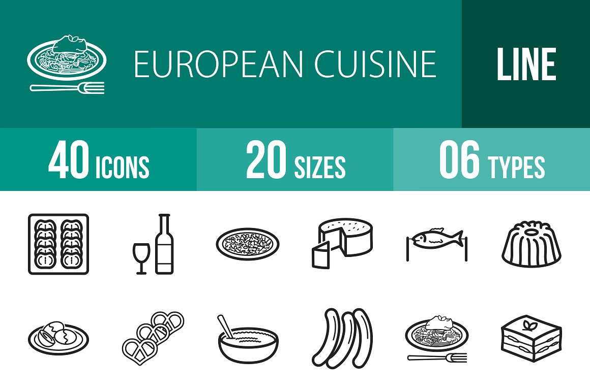 欧洲美食主题线框图标集 European Cuisine Line Icons