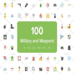 100枚军工机械和武器扁平化图标 100 Military and Weapons Flat Icons