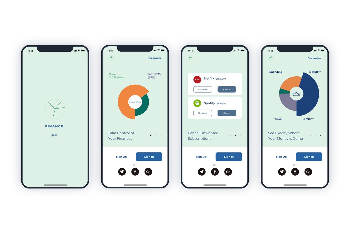 电子账单钱包手机APP应用UI设计套件 Launch Screens Walkthroughs Finance Mobile UI – FH