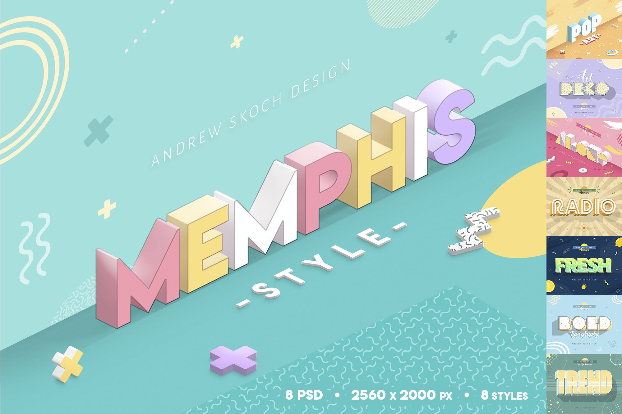 3D孟菲斯风格海报标题字体PS图层样式 Memphis Style – Text Effects