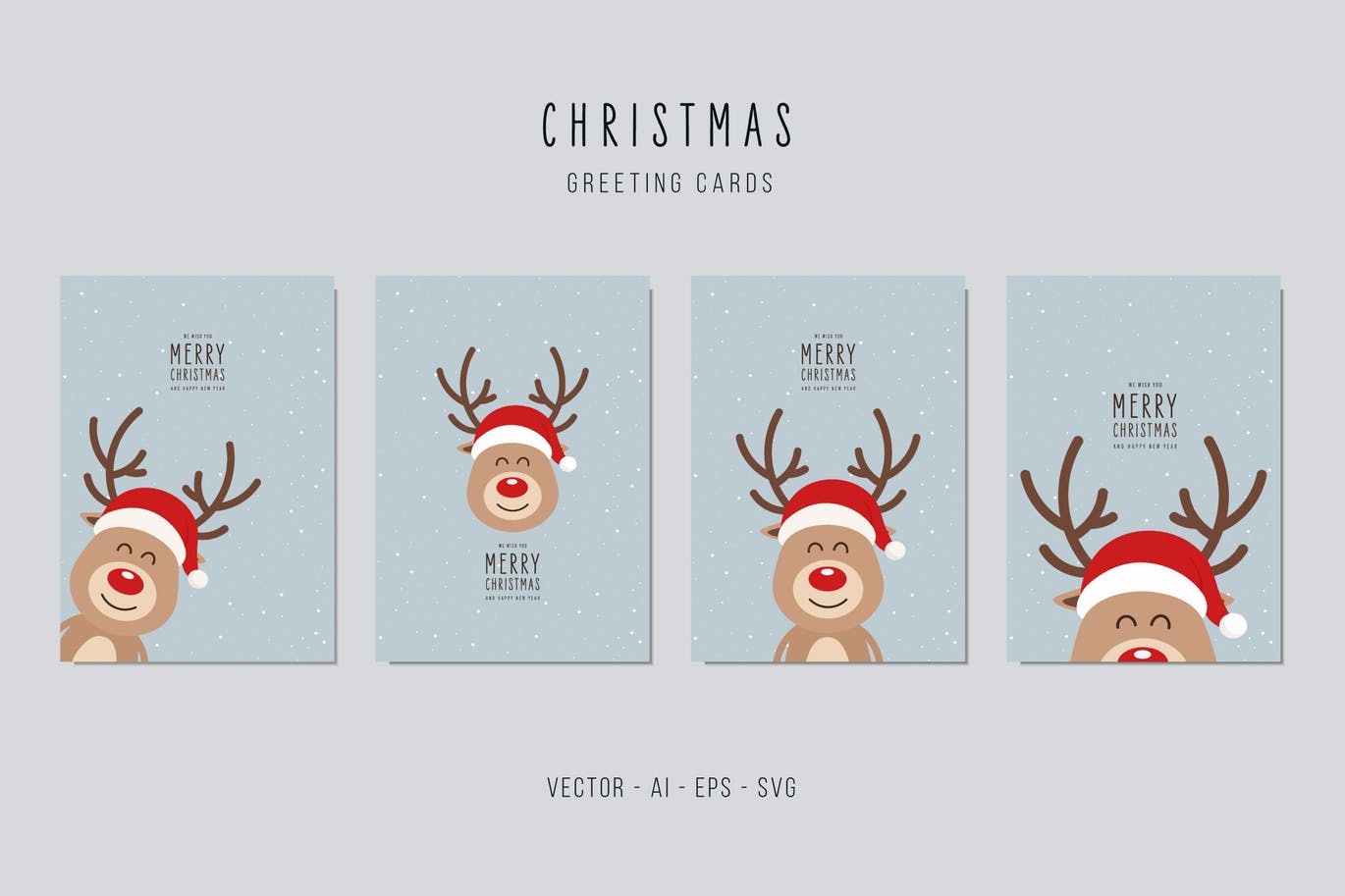 可爱卡通驯鹿图案圣诞节矢量贺卡设计模板v2 Christmas Reindeer Vector Card Set