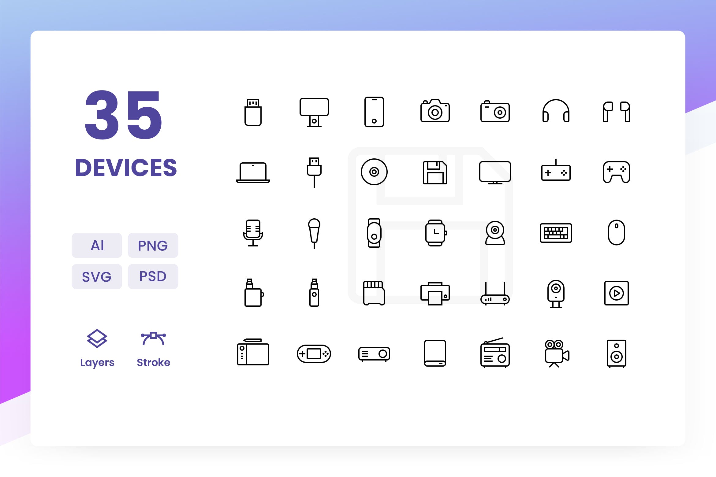 35枚办公设备矢量线性图标素材 Devices – Icons Pack