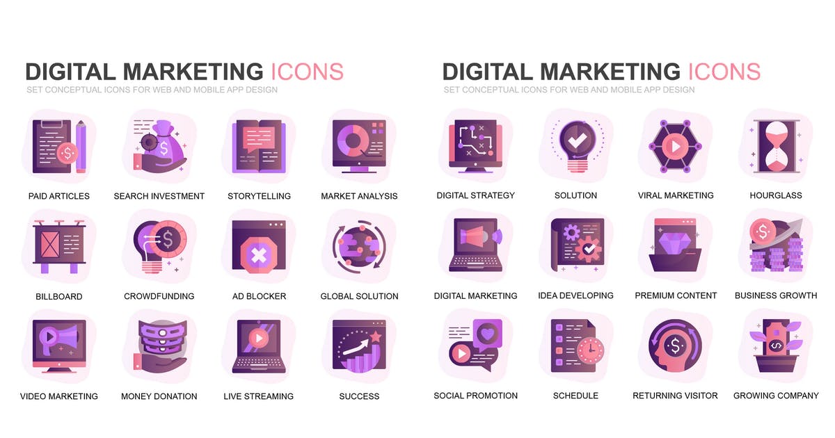 现代扁平化渐变设计风格互联网数字营销主题图标素材