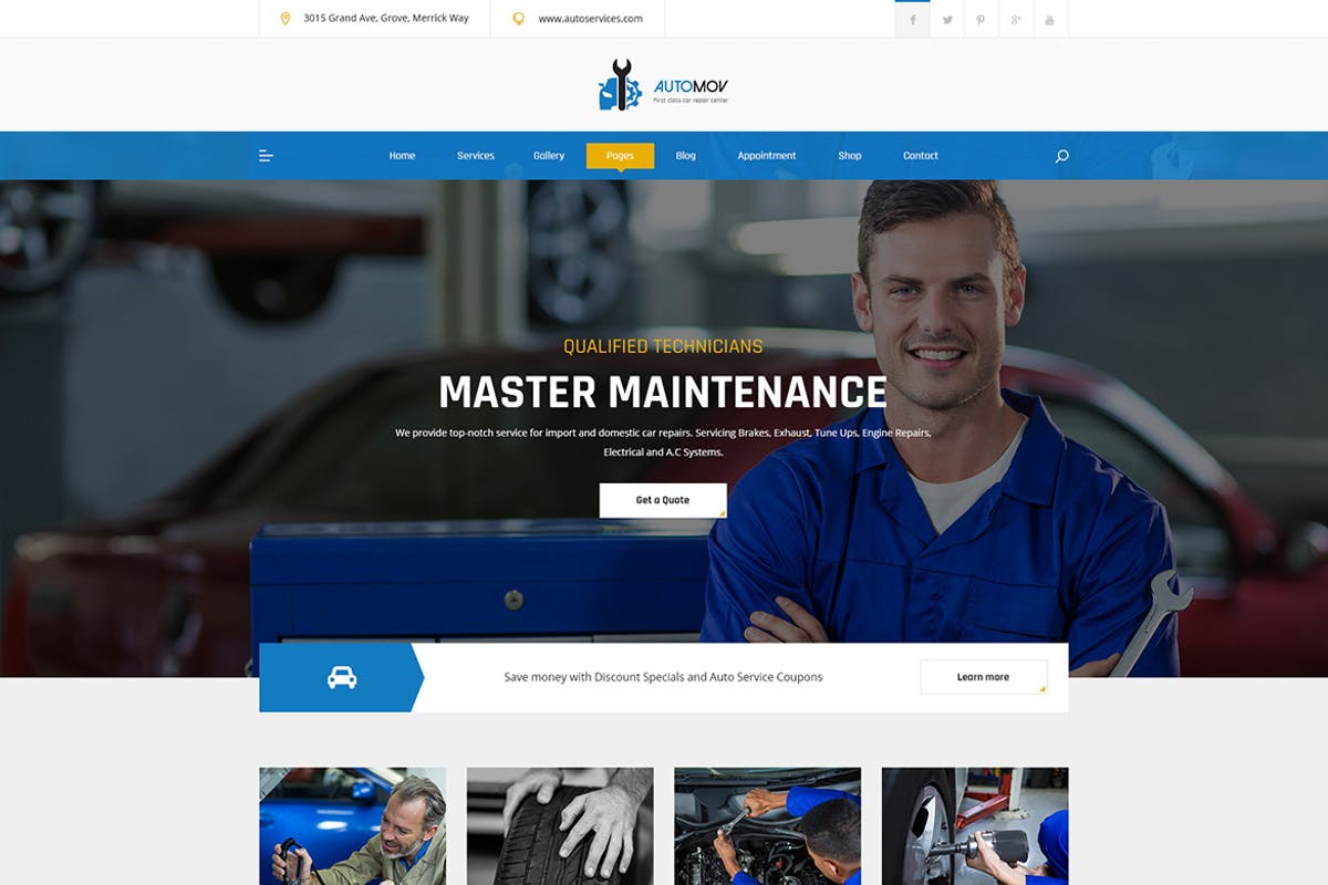 汽车维修汽配服务企业网站PSD模板 Automov – Car Repair, Auto Car Services PSD Templa