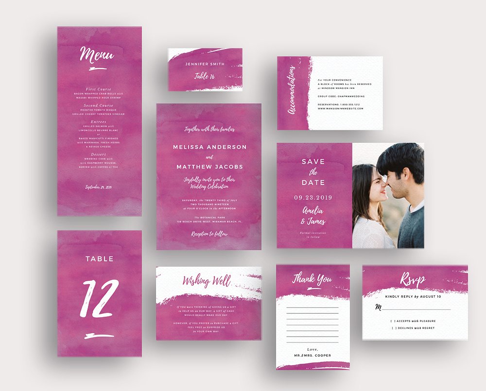 紫色笔刷纹理背景婚礼邀请函设计套件 Purple brush watercolor invite