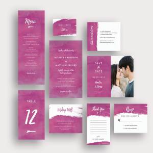 紫色笔刷纹理背景婚礼邀请函设计套件 Purple brush watercolor invite