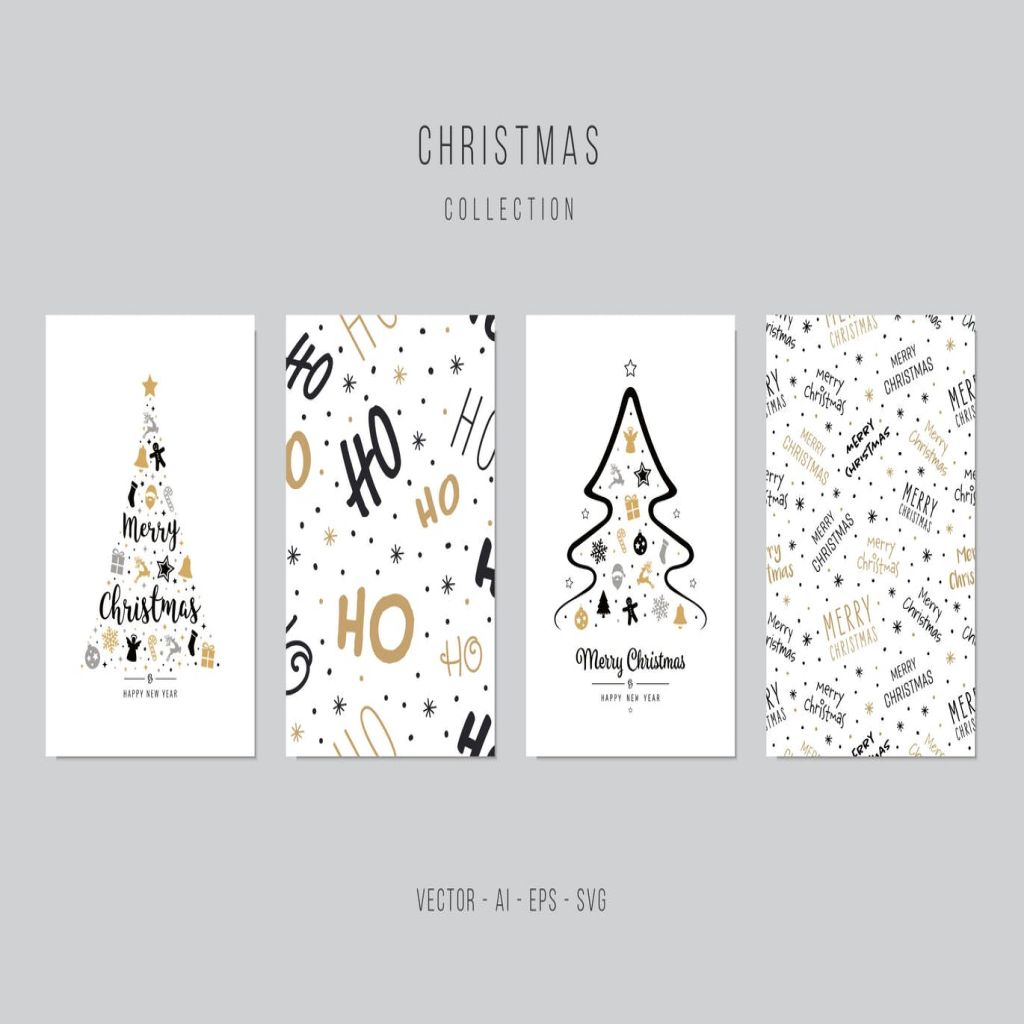 创意圣诞树手绘图案圣诞节贺卡矢量设计模板集 Christmas Greeting Vector Card Set插图