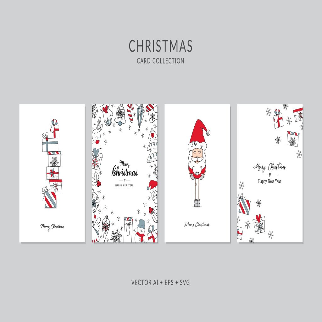 圣诞礼物手绘图案圣诞节贺卡矢量设计模板集v2 Christmas Greeting Card Vector Set插图