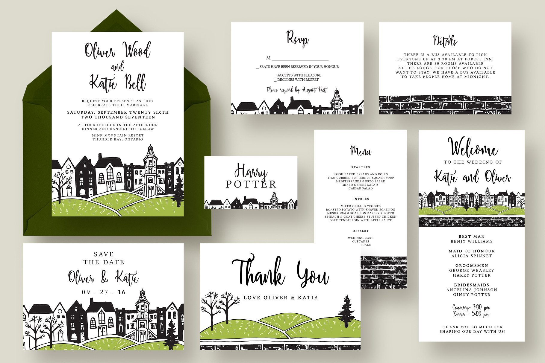 城镇婚礼邀请函设计模板套装 Town Wedding Invitation Suite