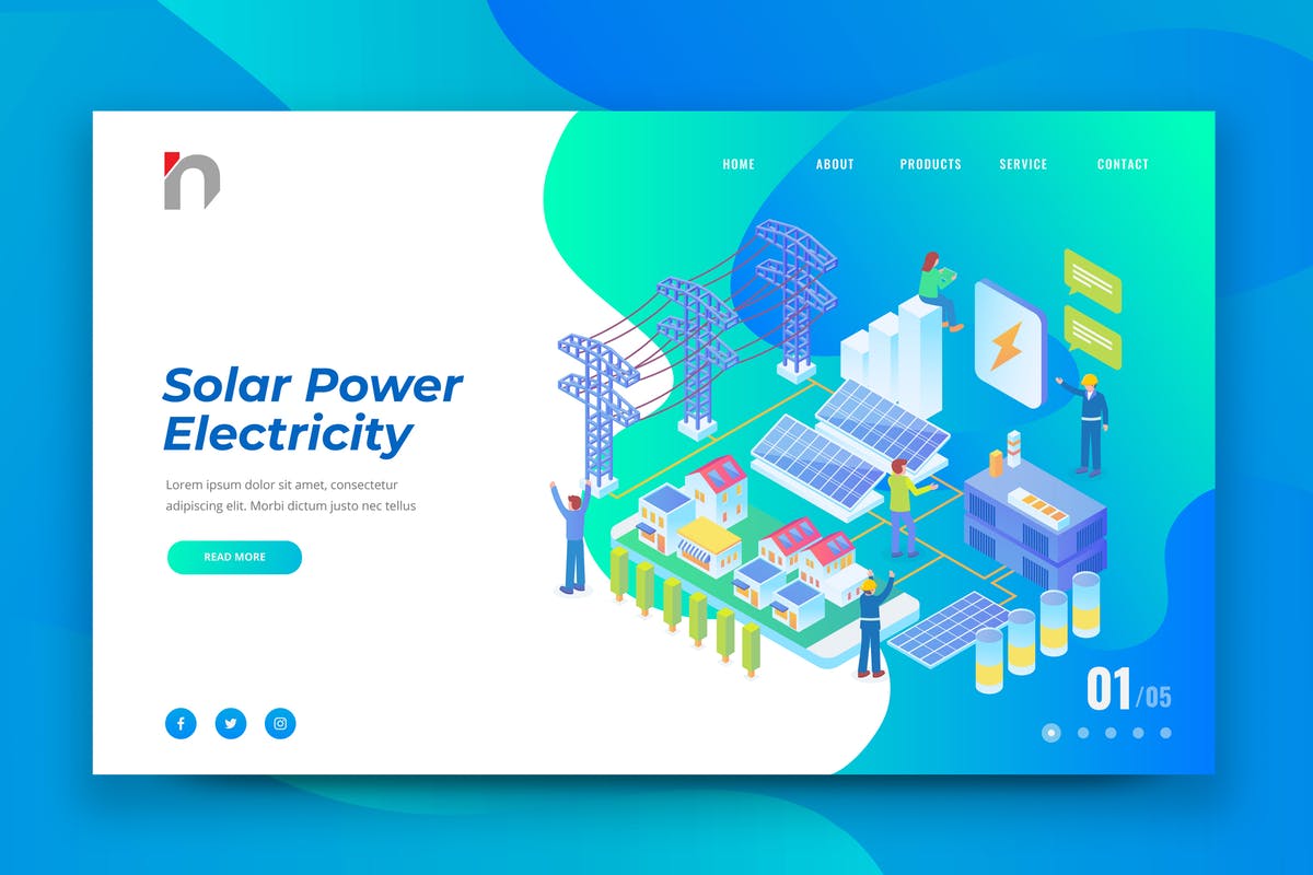 太阳能发电工程网站等距概念插画着陆页设计模板 Isometric Solar Power Plant Web PSD and AI Vector