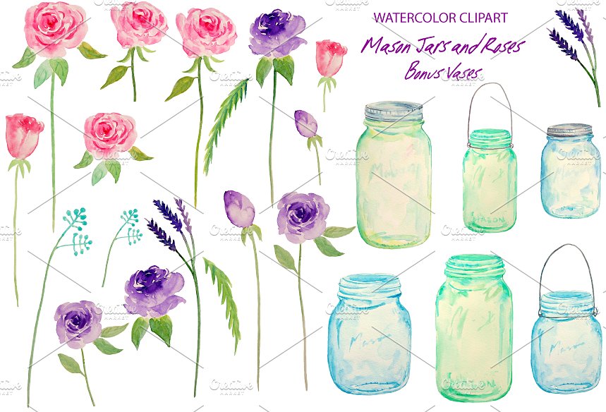 粉紫色玫瑰剪贴画DIY请柬贺卡素材 Watercolor Wedding Mason Jars Roses
