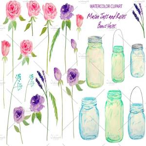 粉紫色玫瑰剪贴画DIY请柬贺卡素材 Watercolor Wedding Mason Jars Roses