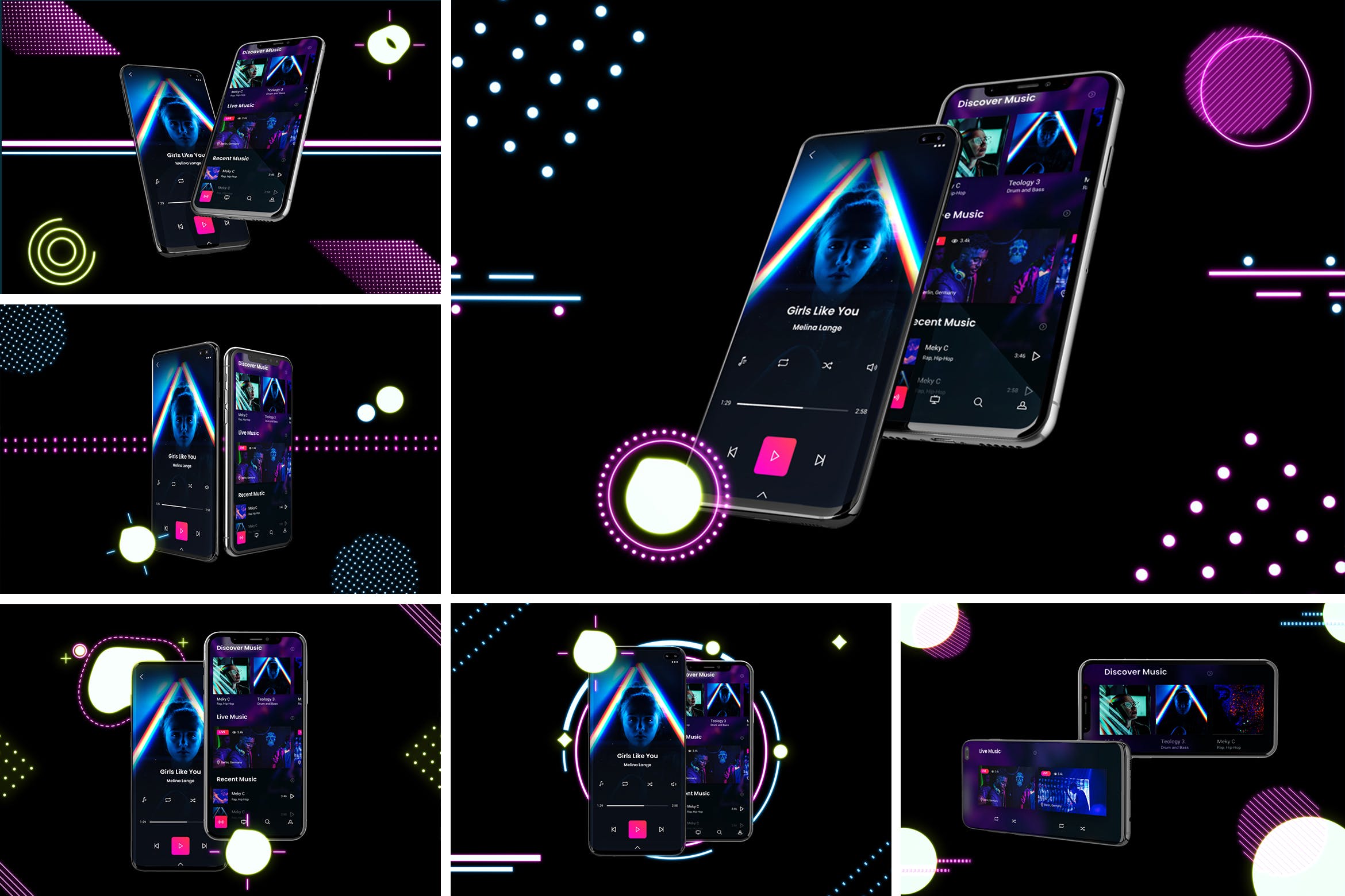 高质量霓虹灯风格iOS/Android手机样机模板 Neon IOS & Android