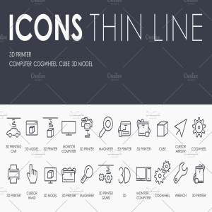 3D白色背景办公维修工具细线图标 3d printer thinline icons