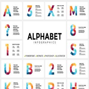 字母数字信息图表类型幻灯片设计模板[PPT, PPTX, KEY, PSD, EPS, AI] ALPHABET – Infographic Slides