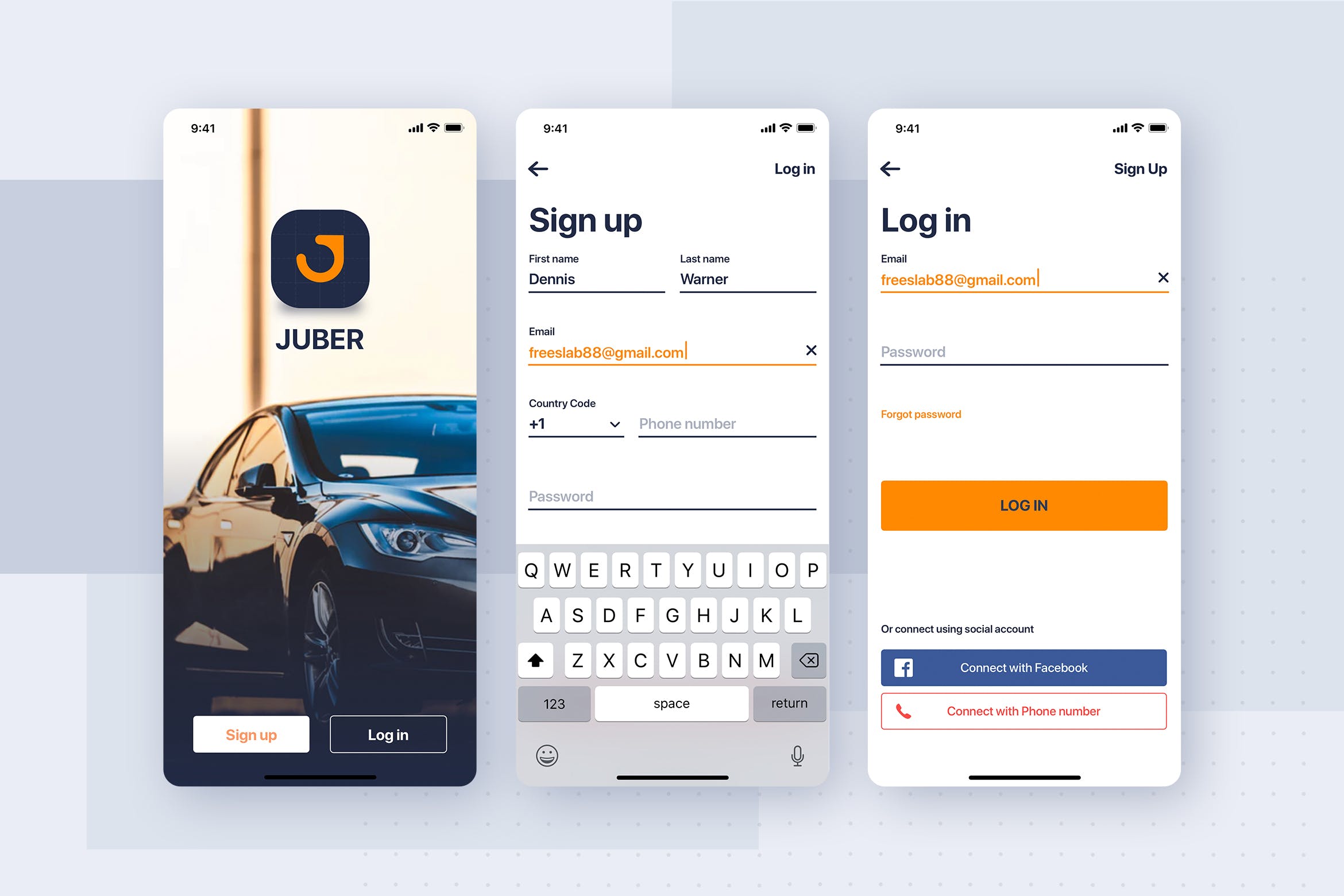 类滴滴打车APP应用注册登录界面设计模板 Car rental mobile UI Kit – Authentication Form
