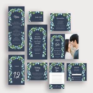 绿叶装饰框婚礼邀请设计套件 Greenery Foliage Frame on Blue