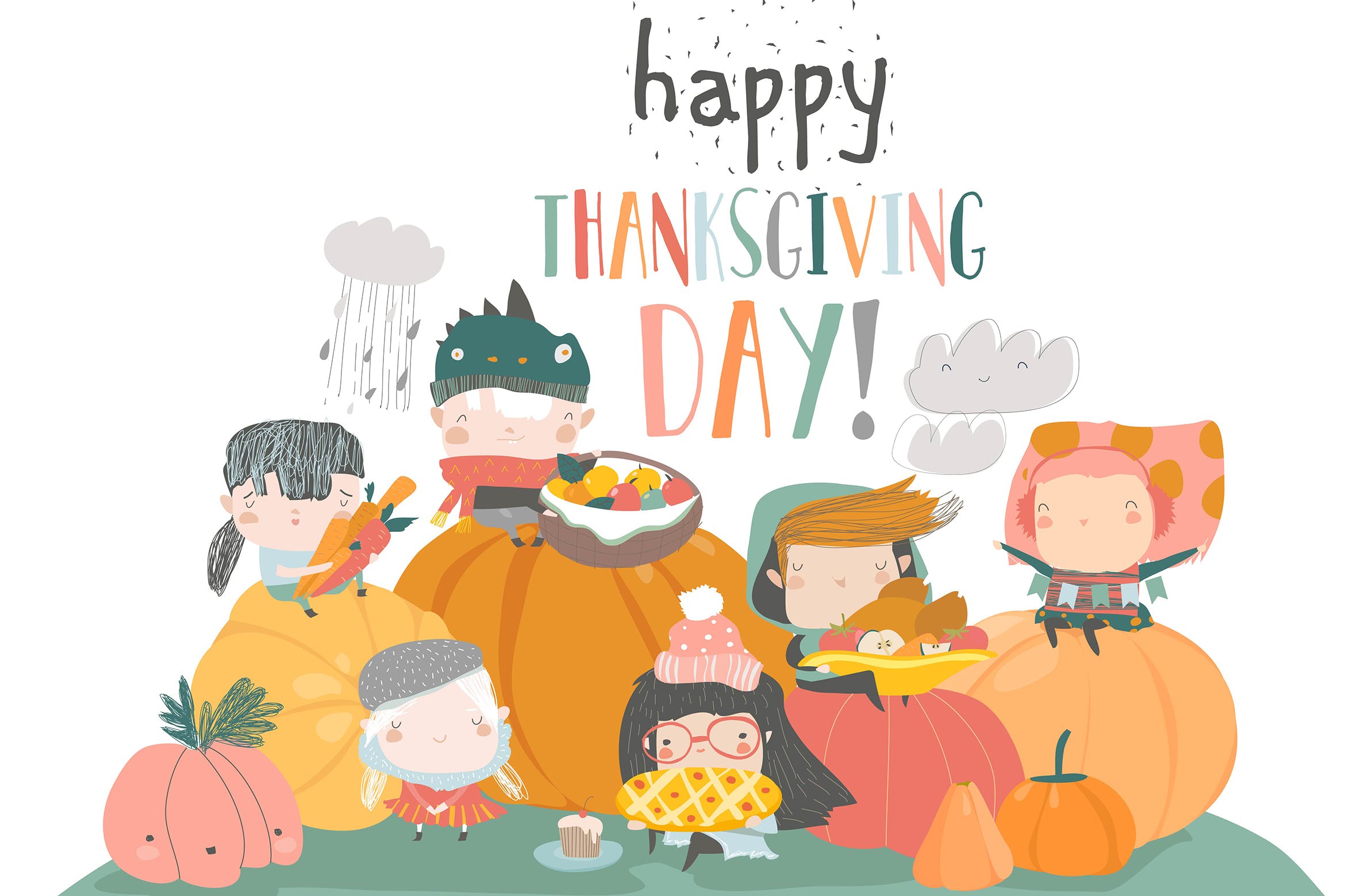 儿童卡通风格感恩节主题手绘矢量图形素材 Cartoon children harvesting. Happy Thanksgiving Da