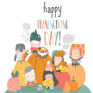 儿童卡通风格感恩节主题手绘矢量图形素材 Cartoon children harvesting. Happy Thanksgiving Da