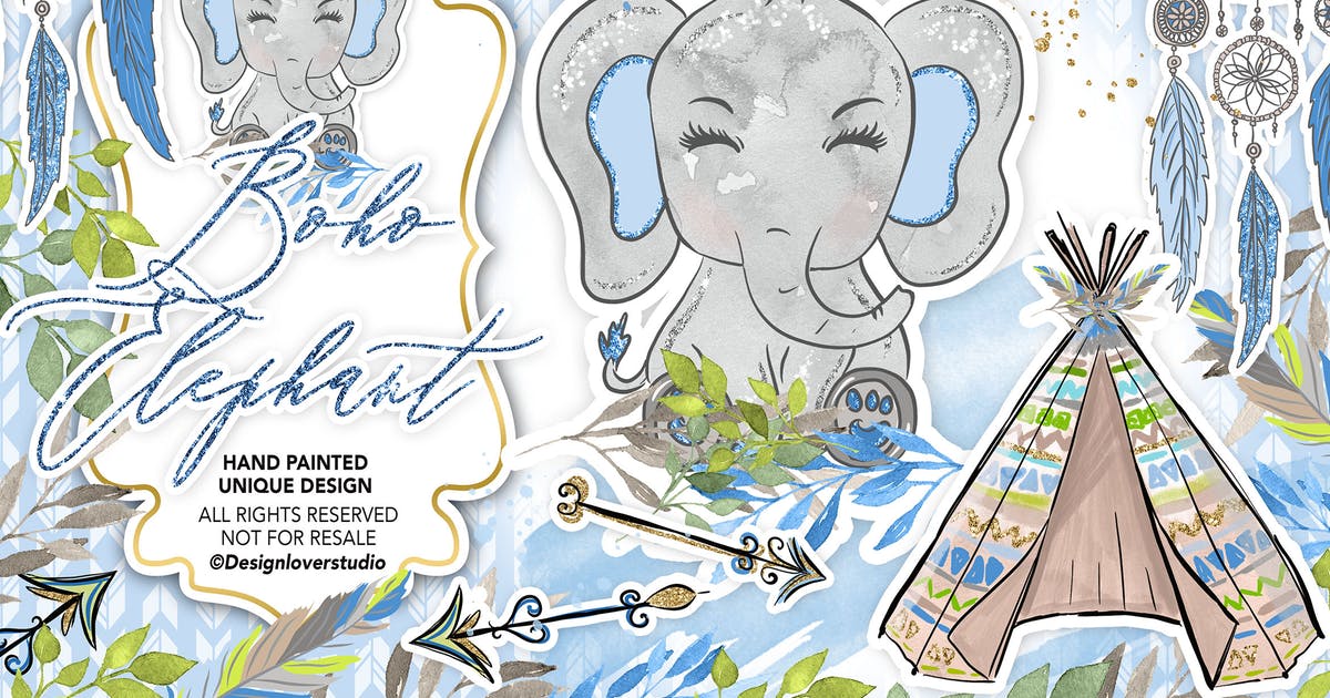 波西米亚风格可爱大象水彩插画合集 Boho Elephant Blue Cute design