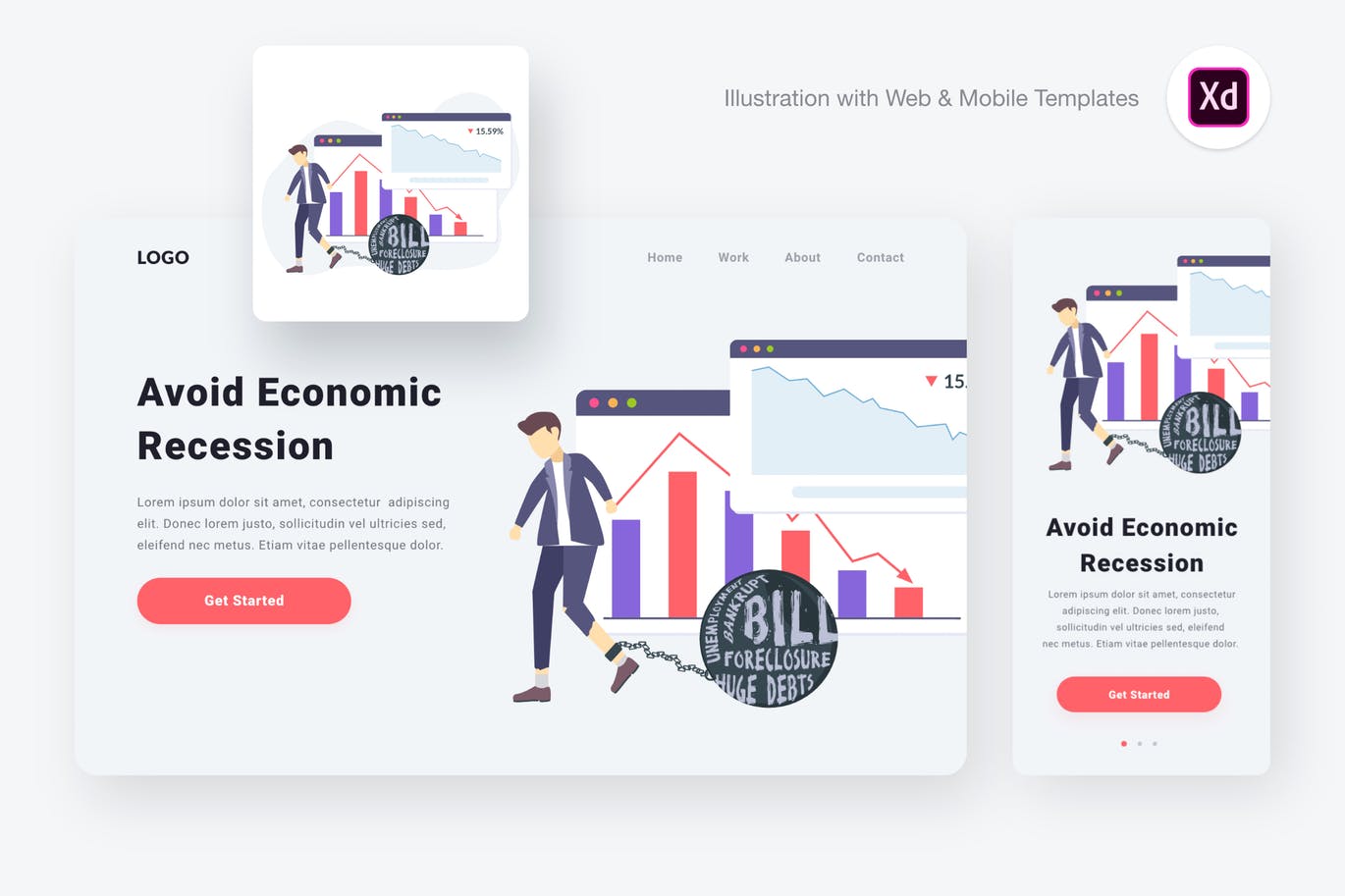 网站设计经济衰退分析概念插画[XD&SVG] Economic recession illustration (Adobe XD & SVG)