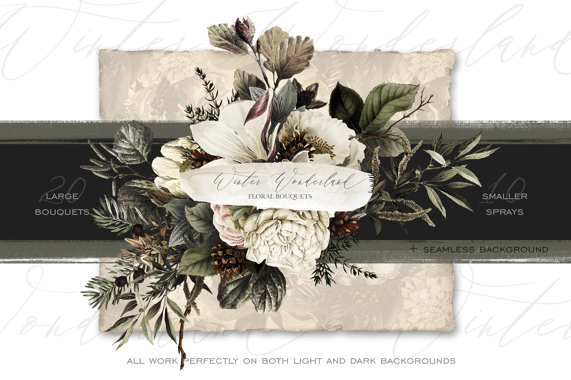 典雅风冬季仙境花束插画素材 Winter Wonderland Floral Bouquets