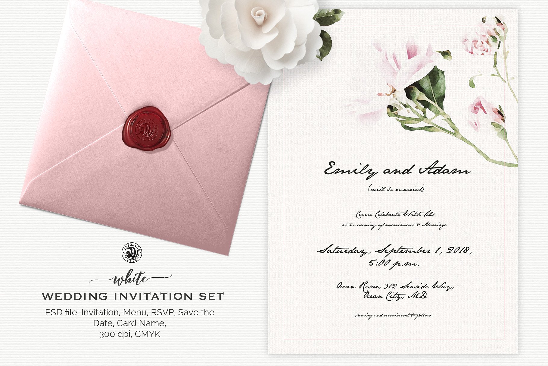 白色结婚邀请函设计模板素材 White Wedding Invitation Set