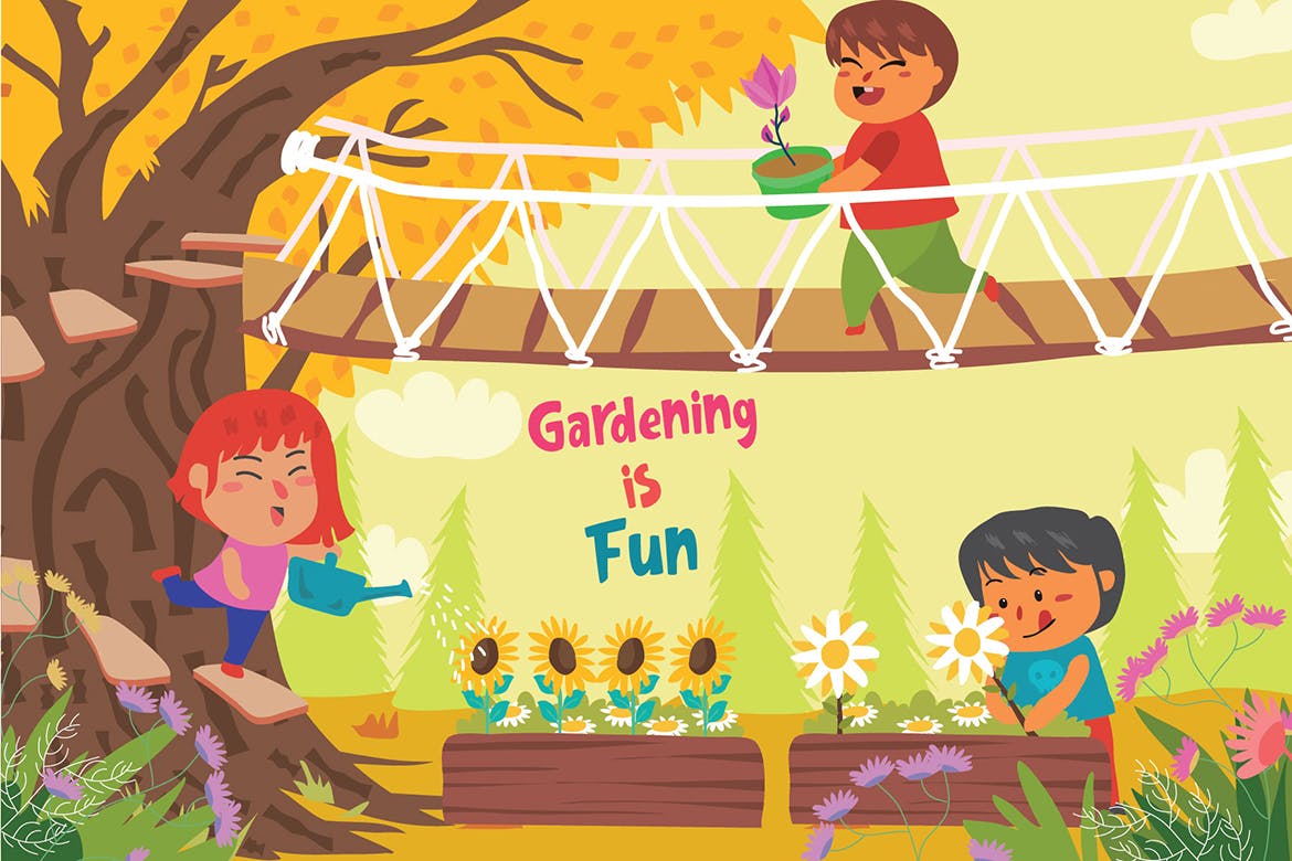 儿童乐园主题矢量插画素材 Gardening is Fun – Vector Illustration