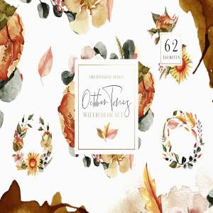 十月色调水彩花卉剪贴画 October Tones Watercolor Clipart Set