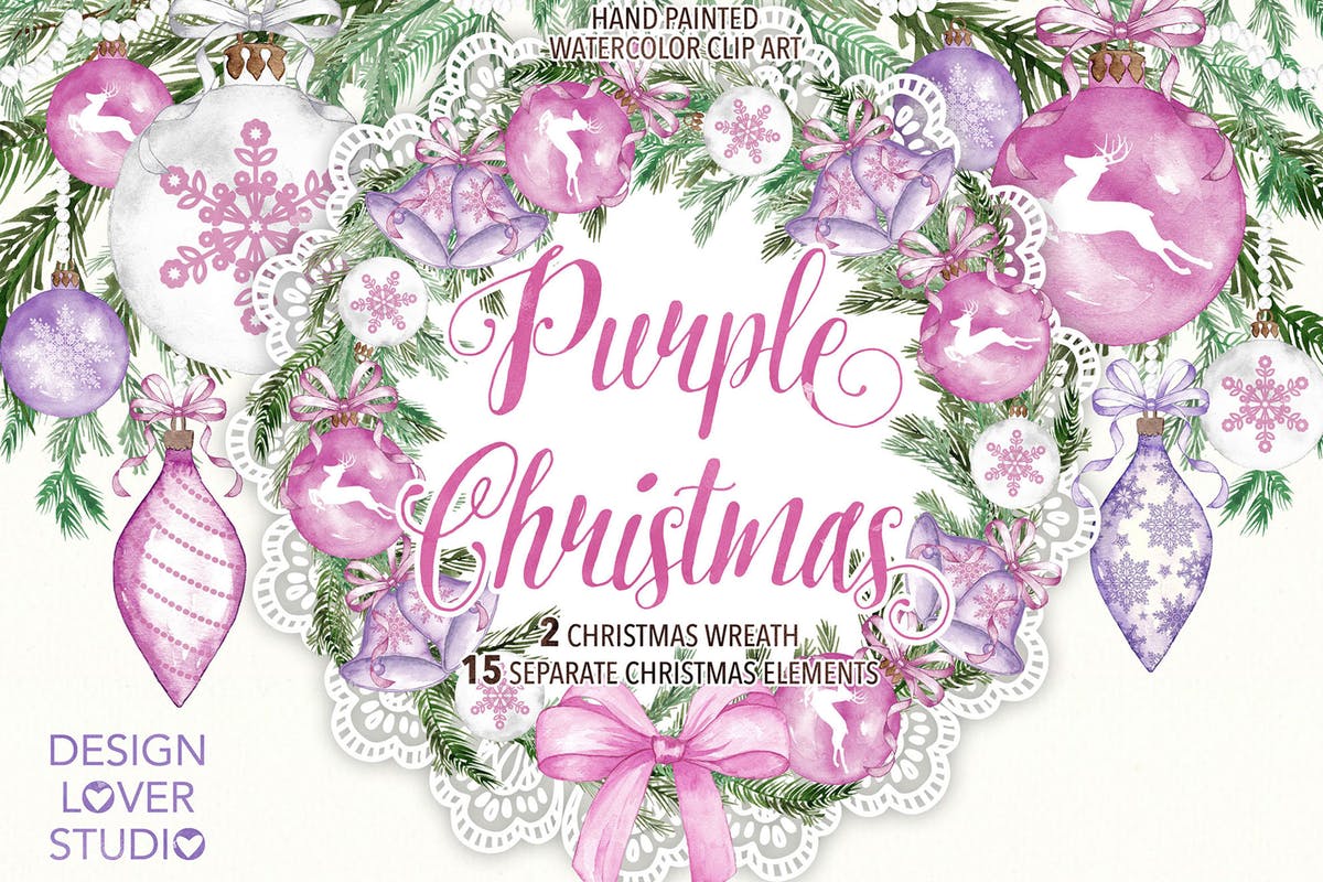 紫色圣诞节水彩元素插画设计素材 Watercolor “Purple Christmas” design