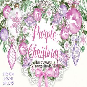 紫色圣诞节水彩元素插画设计素材 Watercolor “Purple Christmas” design
