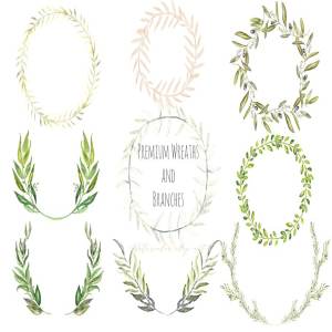 高级花环剪枝水彩剪贴画 Premium wreaths and branches clipart