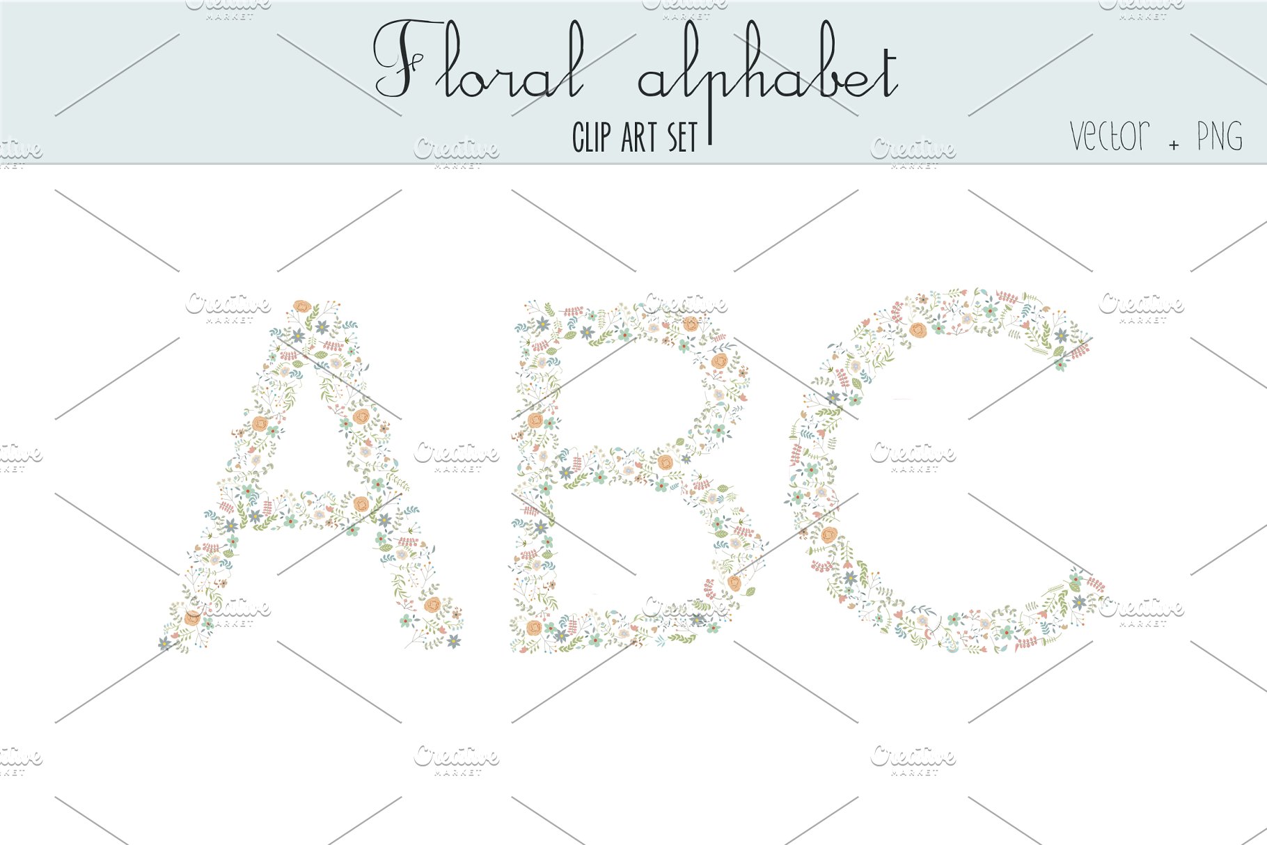 漂亮的手绘水彩花卉字母表剪贴画 Floral alphabet clip art