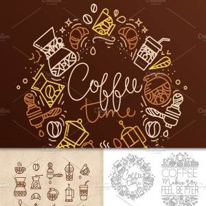 咖啡主题扁平化手绘线条图标插画 Coffee flat icons