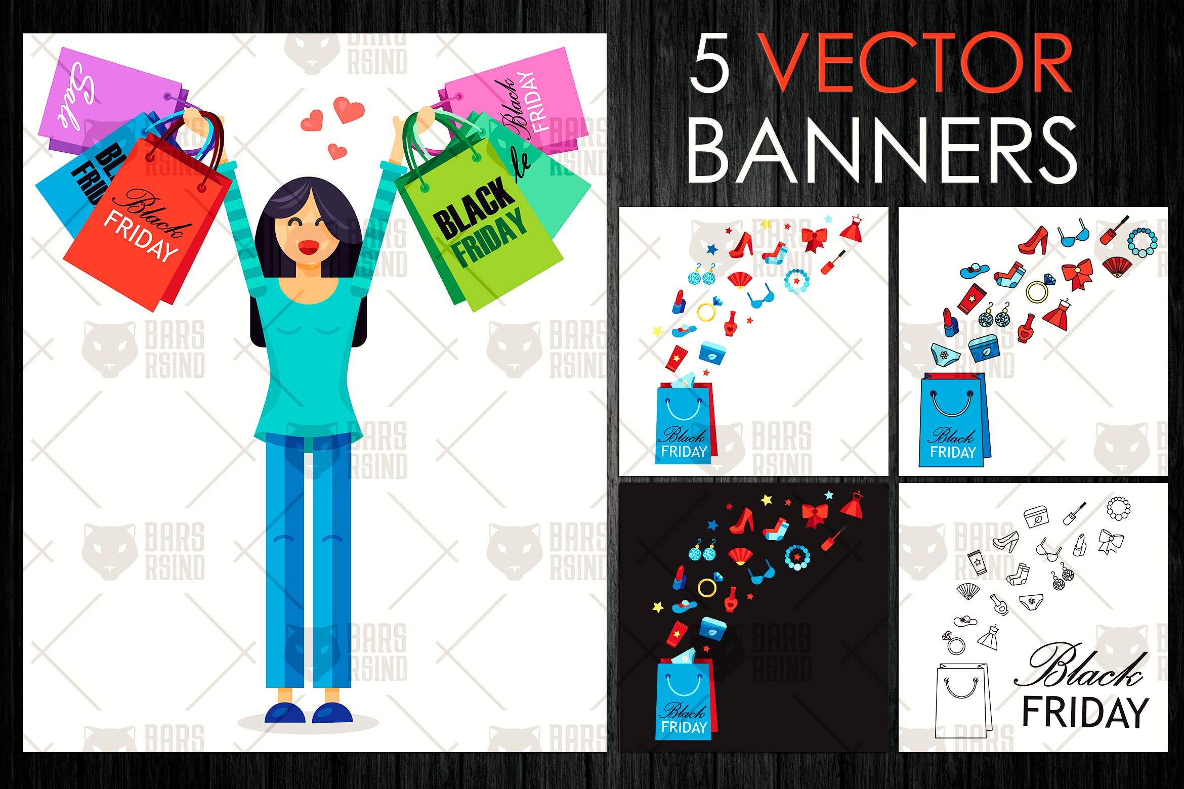 5款黒五购物节主题购物袋矢量图形素材 Black Friday Bags