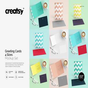 4种不同规格贺卡样机模板 Greeting Cards 4 Sizes Mockup Set