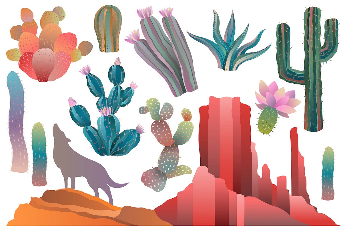 沙漠中的仙人掌矢量剪贴画 Desert & Cactus Clipart Vector, PNG