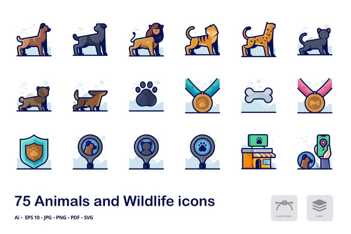 动物世界描边矢量图标合集 Animals Detailed Filled Outline Icons