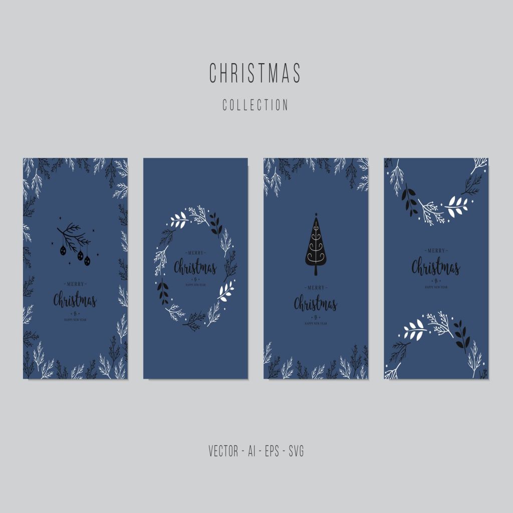 植物手绘图案圣诞节贺卡矢量设计模板集v3 Christmas Greeting Vector Card Set插图