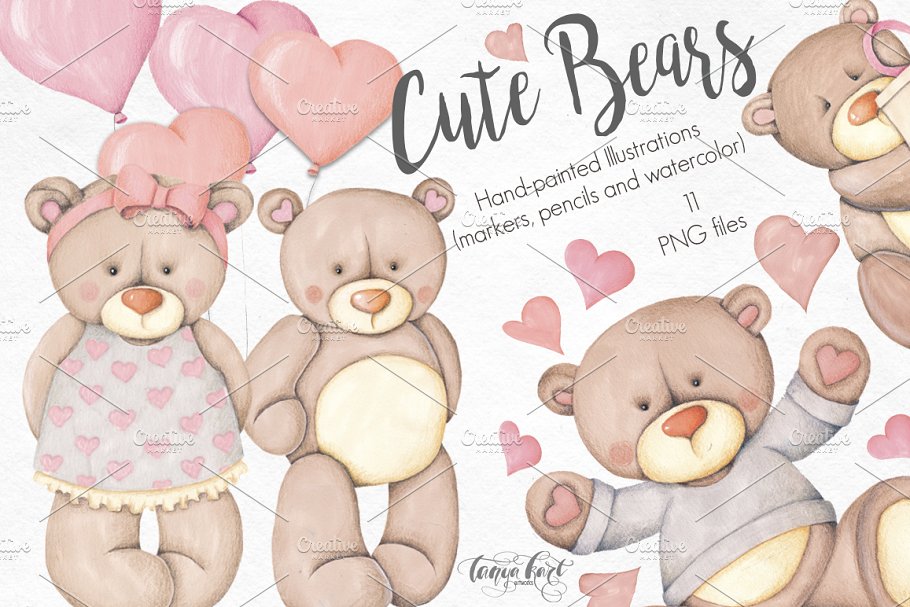 可爱小熊手绘插画素材 Bears Hand-painted illustrations