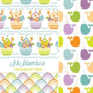 可爱的诺亚方舟动物探险无缝图案 Ark Adventure Seamless Patterns